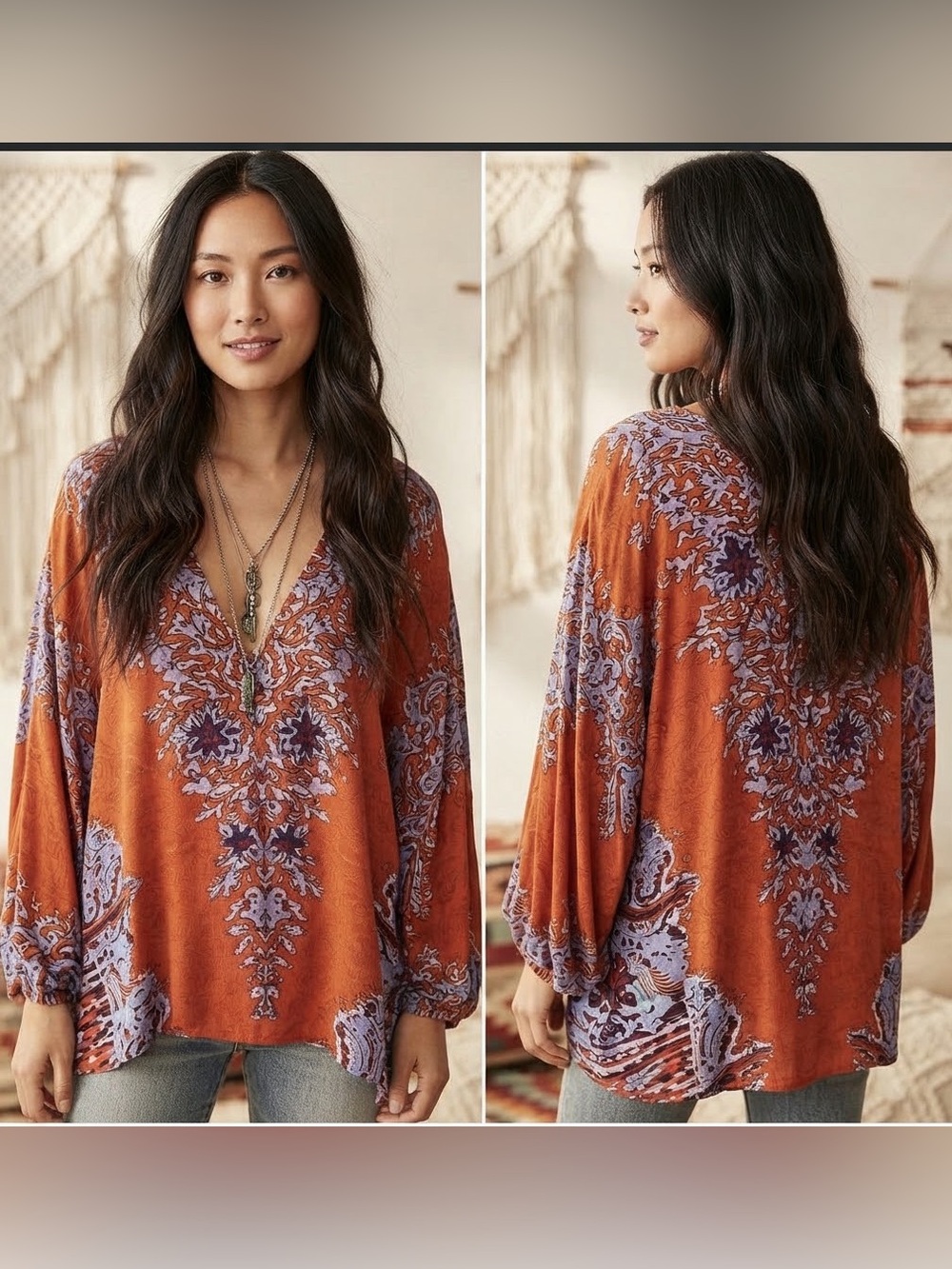 Free People Bird Print V-Neck Button Blouse Top Rust Blue Size S